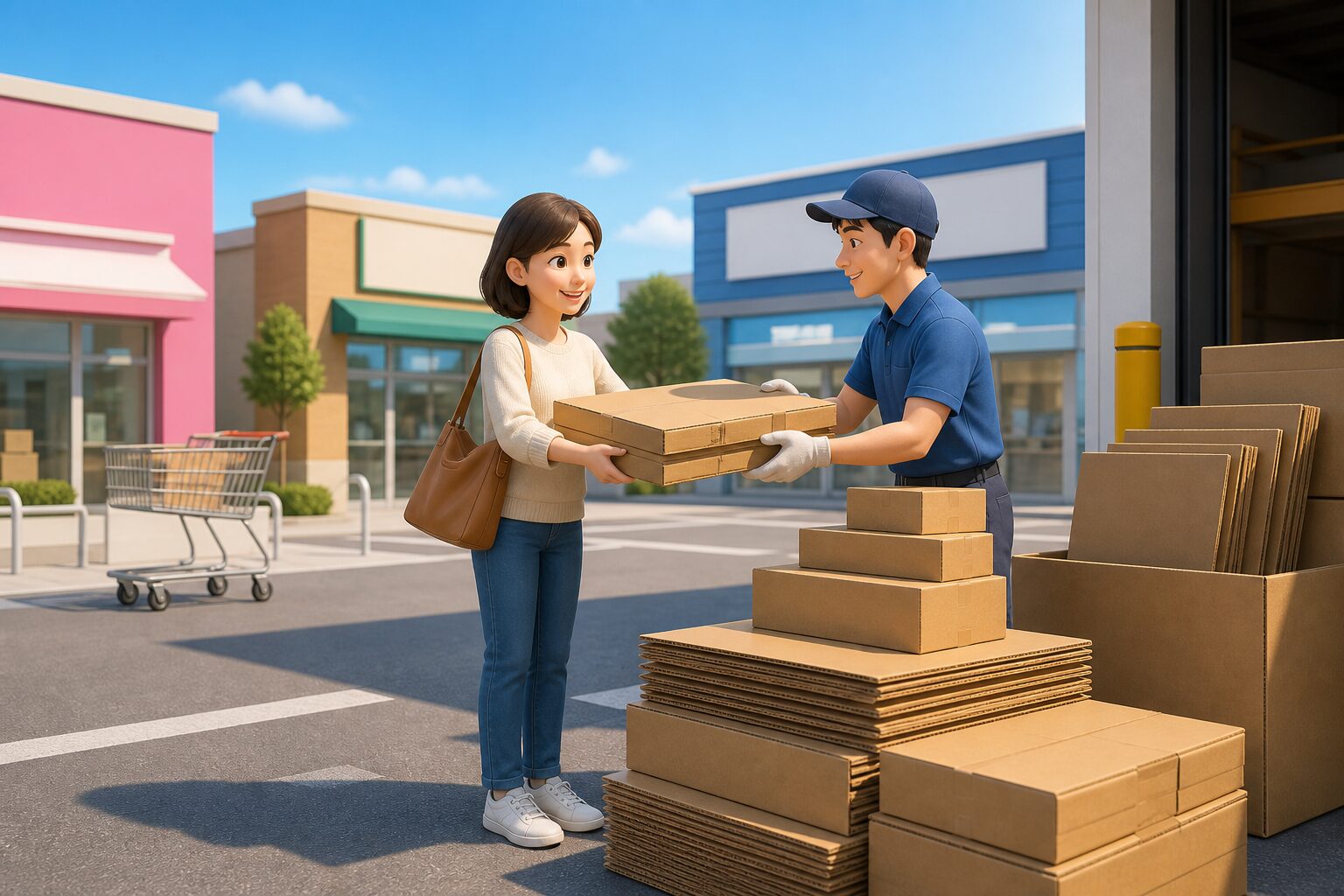 無料でもらえる段ボールを店員さんから受け取る