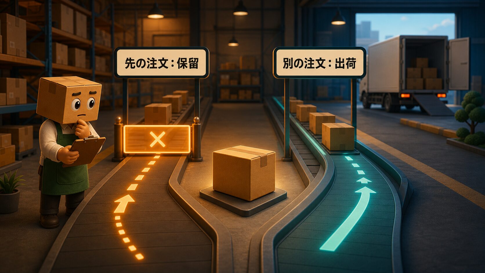 先の注文は保留のまま別注文が出荷された在庫の結びつき