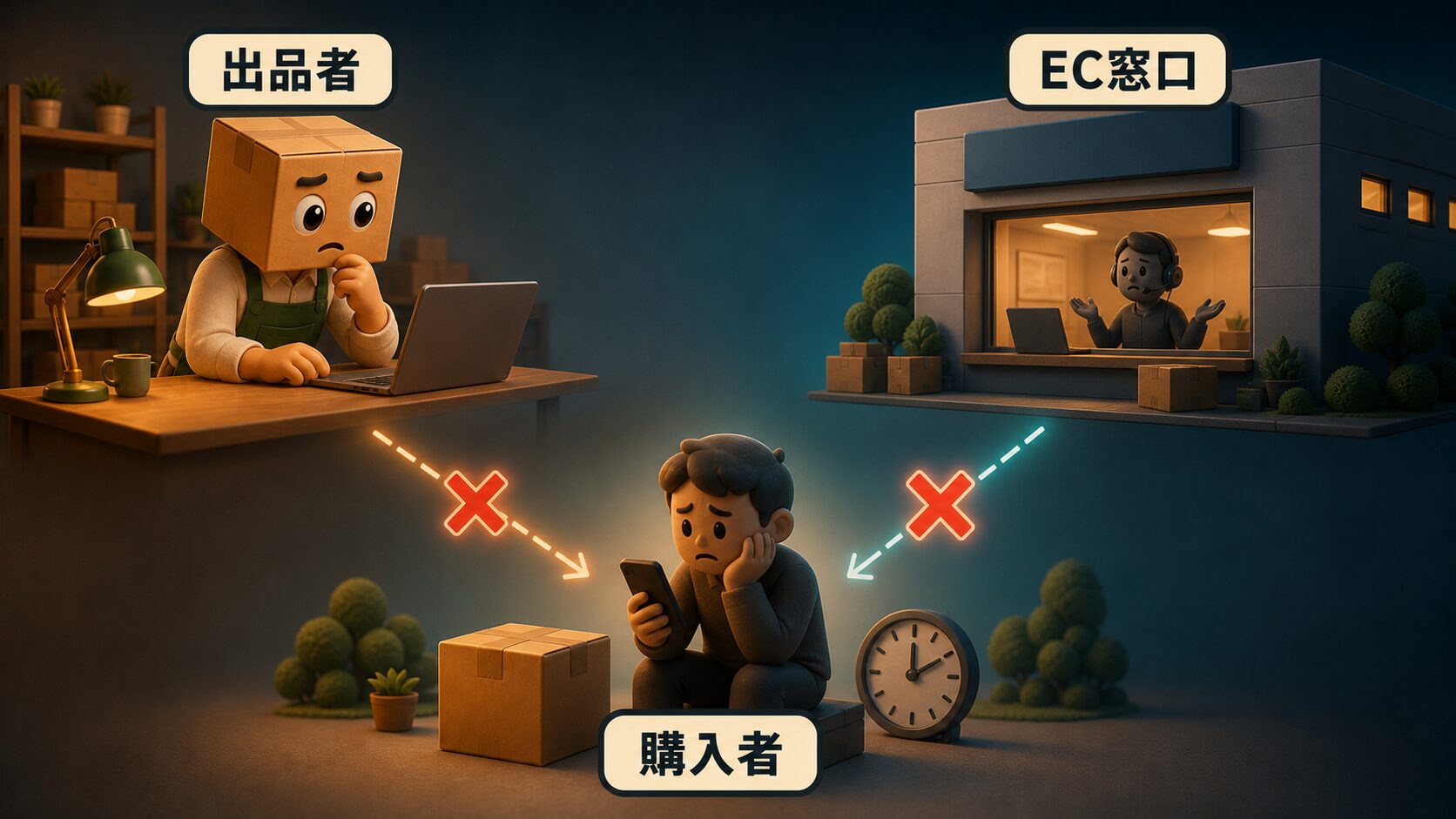 出品者とEC窓口のどちらからも購入者へ連絡できない構造