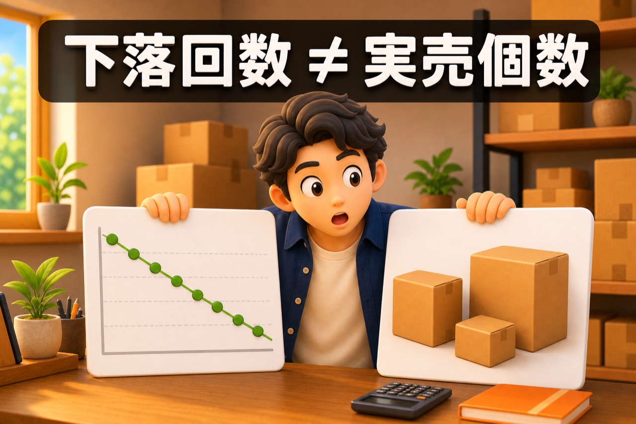 ランキング下落回数と実売個数は同じではないことを示す3Dアニメ図解