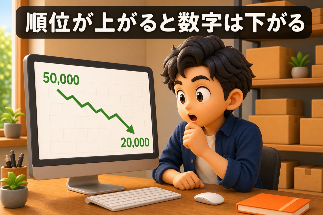 ランキング数値が5万位から2万位へ下がる動きを示す3Dアニメ図解