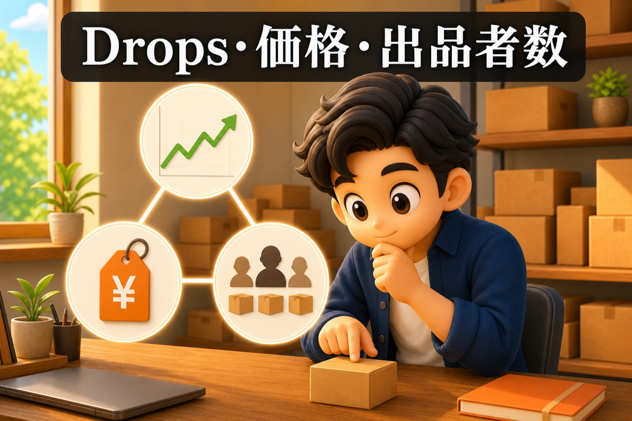 Dropsと価格と出品者数を一緒に確認する3Dアニメ図解