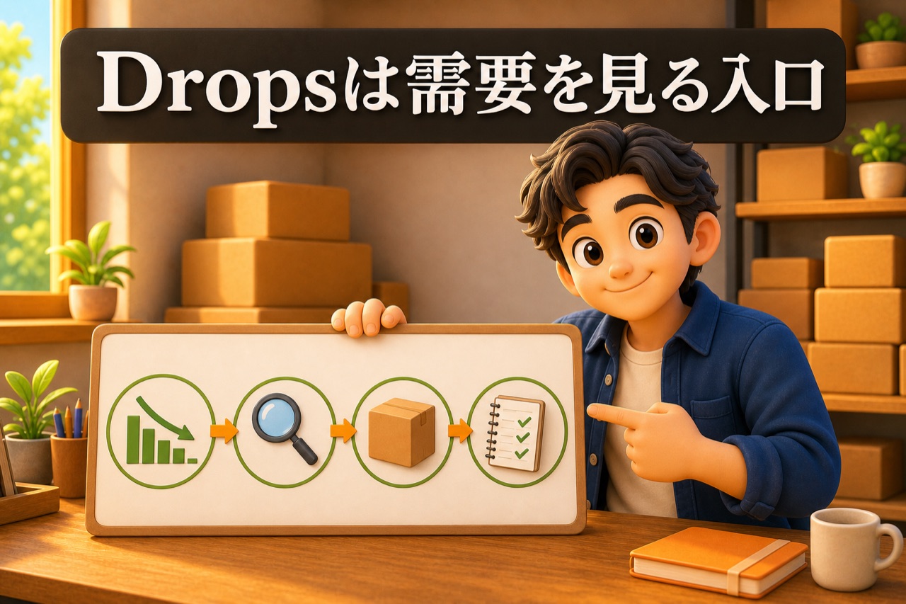 Sales Rank Dropsを需要判断の入口として使う流れの3Dアニメ図解