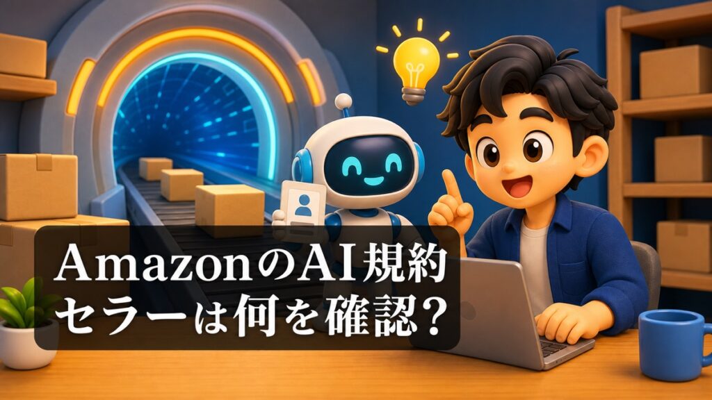AmazonのAIエージェント規約と、せどらーが確認する項目を解説するアイキャッチ