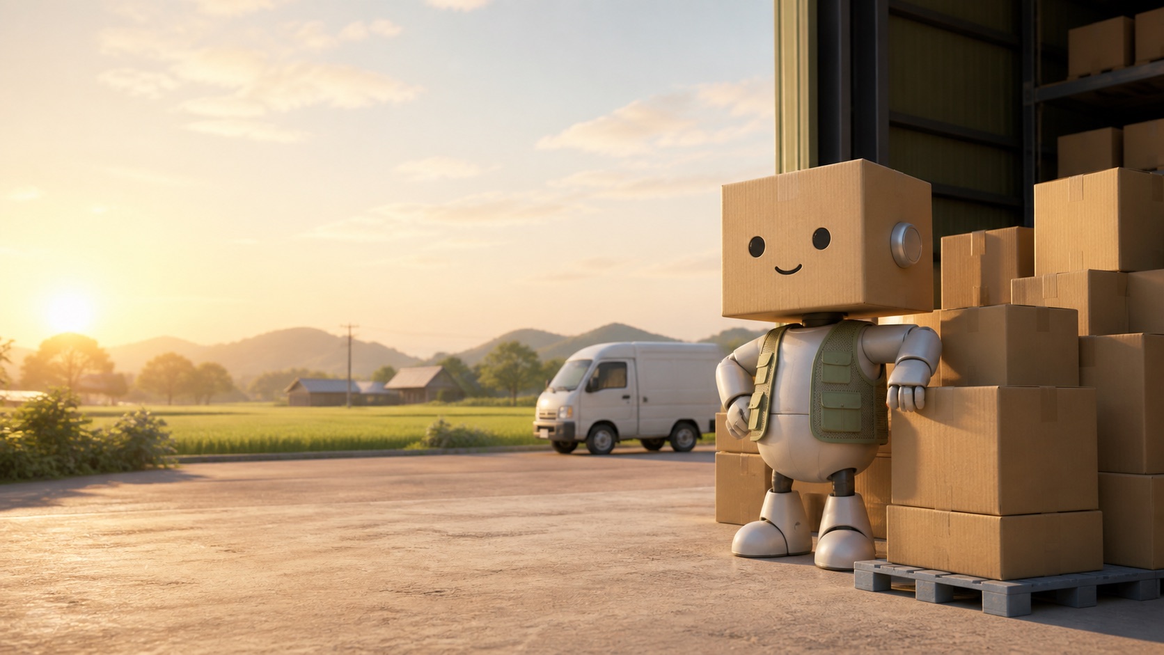 夕暮れの倉庫の前に立つ、段ボール頭のロボットと白い配送車