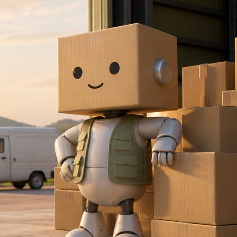 段ボールの頭をしたロボット（SEDOの分身）