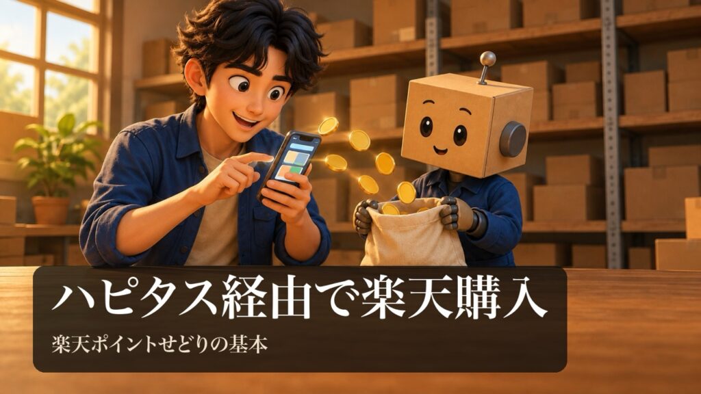 「ハピタス経由で楽天購入」の表紙。男性がスマホで買い物をしていて、画面から小さな金色のコインが飛び出している。段ボール頭のロボが袋でコインを受け止めている。