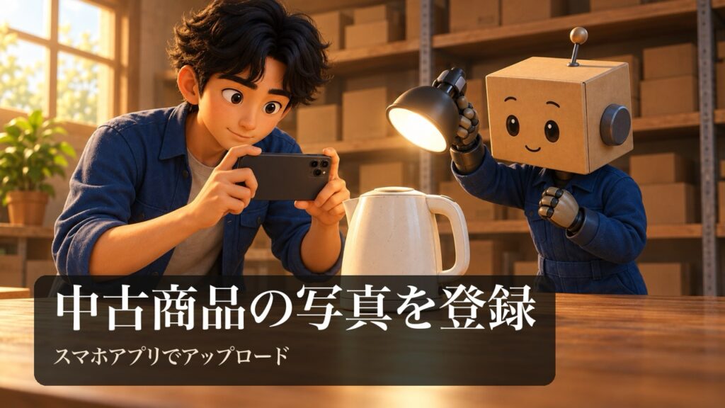 「中古商品の写真を登録」の表紙。男性がスマホで中古の家電を撮影している。段ボール頭のロボが小さな照明を持って照らしている。