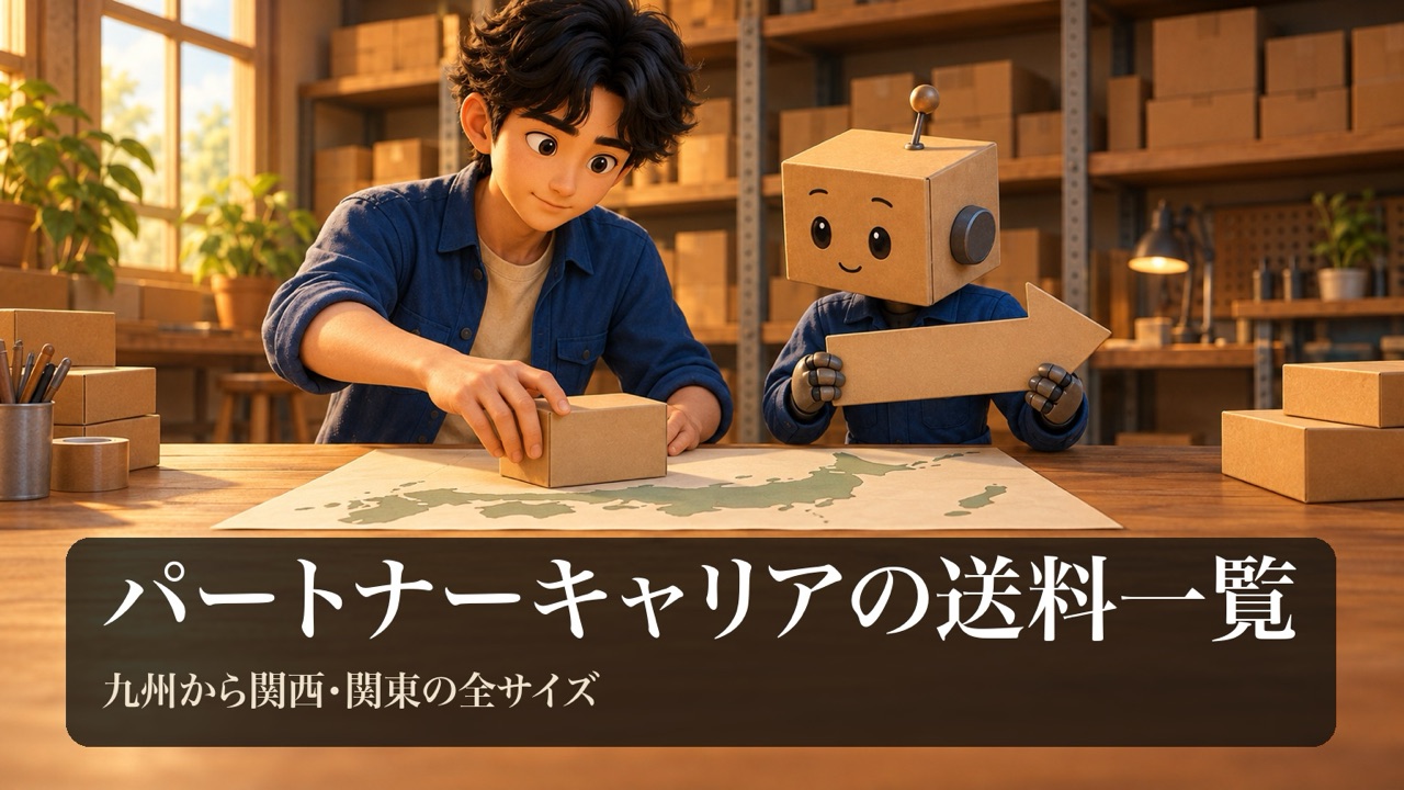 「パートナーキャリアの送料一覧」の表紙。男性が机に広げた地図の形の紙の上に小さな無地の箱を置いている。段ボール頭のロボが矢印の形の札を持っている。