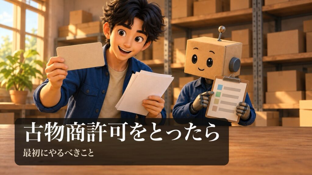「古物商許可をとったら」の表紙。男性が無地のプレートと書類を持ってうれしそうにしている。段ボール頭のロボがチェックリストを持っている。
