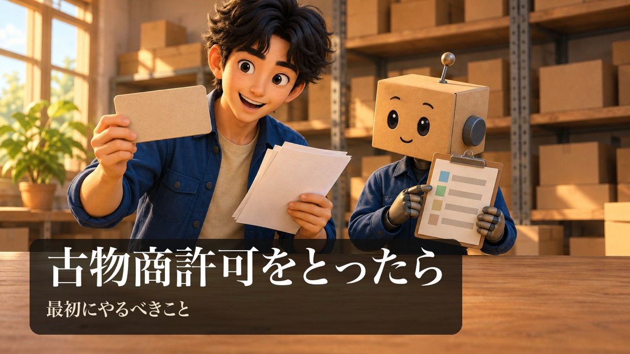 「古物商許可をとったら」の表紙。男性が無地のプレートと書類を持ってうれしそうにしている。段ボール頭のロボがチェックリストを持っている。