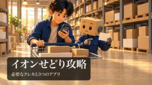 「イオンせどり攻略」の表紙。大きなお店の売り場で、男性がショッピングカートを押しながらスマホを確認している。段ボール頭のロボが無地のカードを持っている。