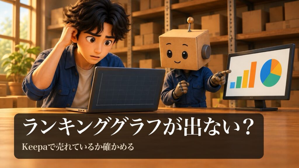 「ランキンググラフが出ない?」の表紙。男性がノートパソコンの何も線がないグラフを見て困っている。段ボール頭のロボが別の画面を指さしている。