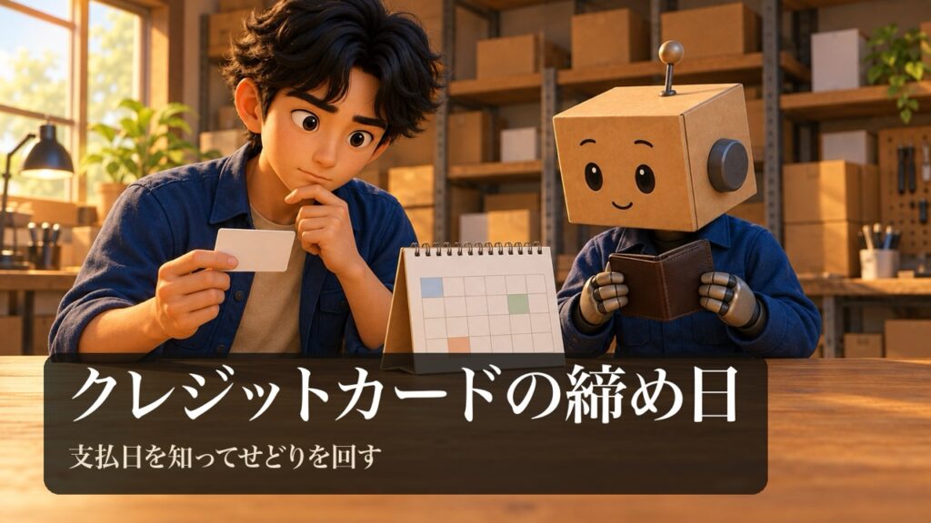 「クレジットカードの締め日」の表紙。男性が無地のクレジットカードと卓上カレンダーを見比べて考えている。段ボール頭のロボが財布を持っている。