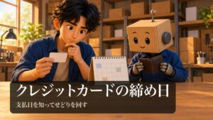 「クレジットカードの締め日」の表紙。男性が無地のクレジットカードと卓上カレンダーを見比べて考えている。段ボール頭のロボが財布を持っている。