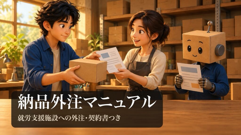「納品外注マニュアル」の表紙。明るい作業所で、男性がエプロン姿のスタッフの女性に手順書の紙と無地の箱を手渡している。段ボール頭のロボが契約書の紙を持っている。