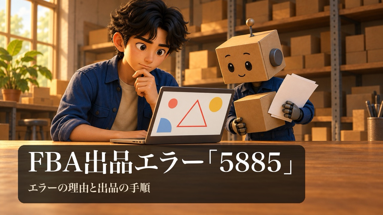 「FBA出品エラー「5885」」の表紙。男性がノートパソコンの赤い三角の注意マークの画面を見て考えている。段ボール頭のロボが無地の段ボール箱と書類を持っている。