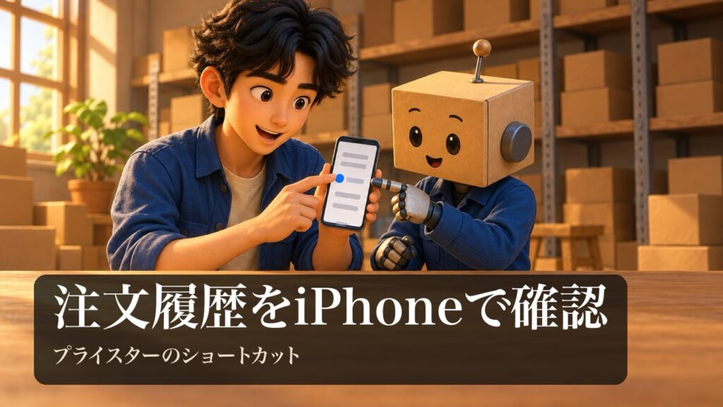 「注文履歴をiPhoneで確認」の表紙。男性がスマホの画面のリストをタップしている。段ボール頭のロボが丸いボタンの図形を指さしている。