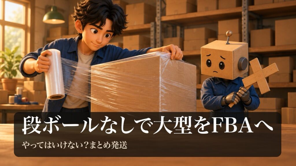 「段ボールなしで大型をFBAへ」の表紙。男性が大きな家電の無地の箱を、透明なストレッチフィルムでまとめている。段ボール頭のロボが心配そうに×の形の札を持っている。