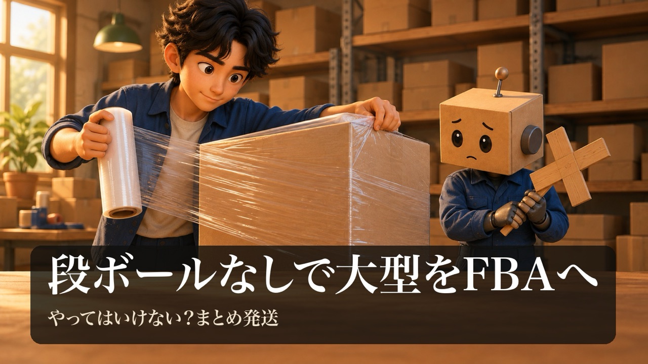 「段ボールなしで大型をFBAへ」の表紙。男性が大きな家電の無地の箱を、透明なストレッチフィルムでまとめている。段ボール頭のロボが心配そうに×の形の札を持っている。