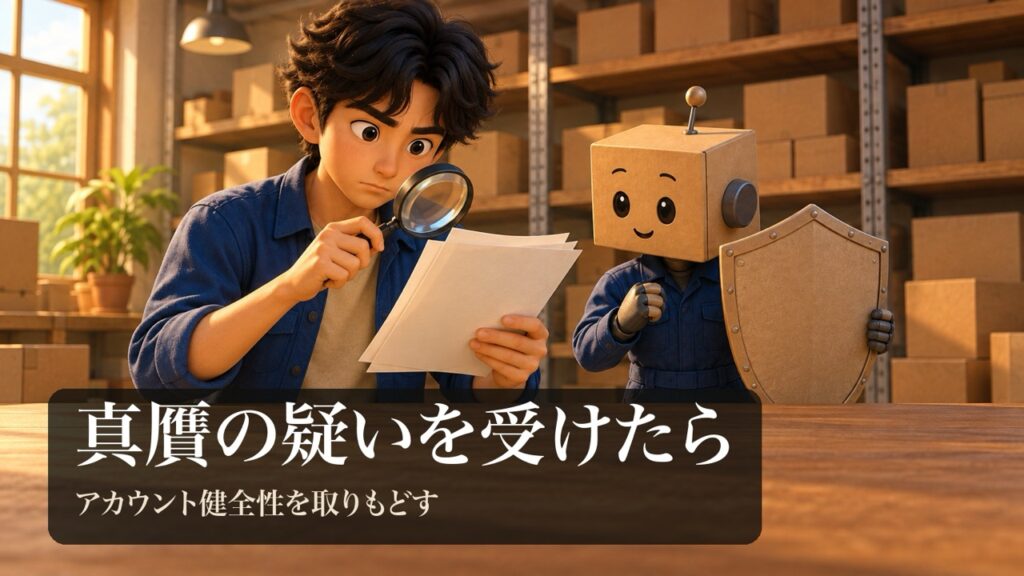 「真贋の疑いを受けたら」の表紙。男性が書類と虫めがねを持って真剣な顔をしている。段ボール頭のロボが無地の盾を掲げている。