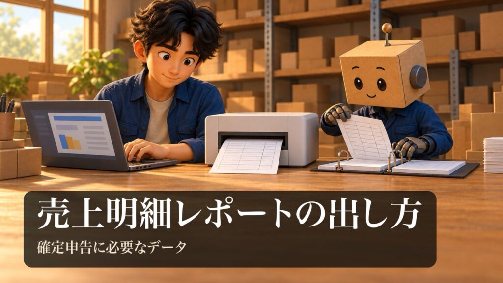 「売上明細レポートの出し方」の表紙。男性がノートパソコンから明細の表を印刷している。段ボール頭のロボが印刷した紙をファイルにとじている。