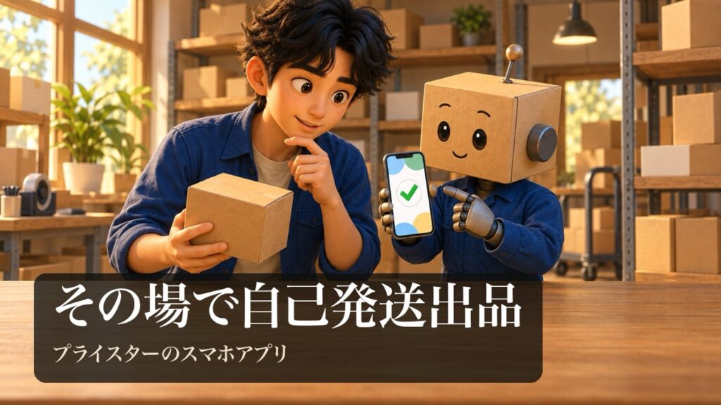 「その場で自己発送出品」の表紙。お店の中で、男性がスマホを見ながら商品を手に持っている。段ボール頭のロボがスマホの緑のチェックの画面を見せている。