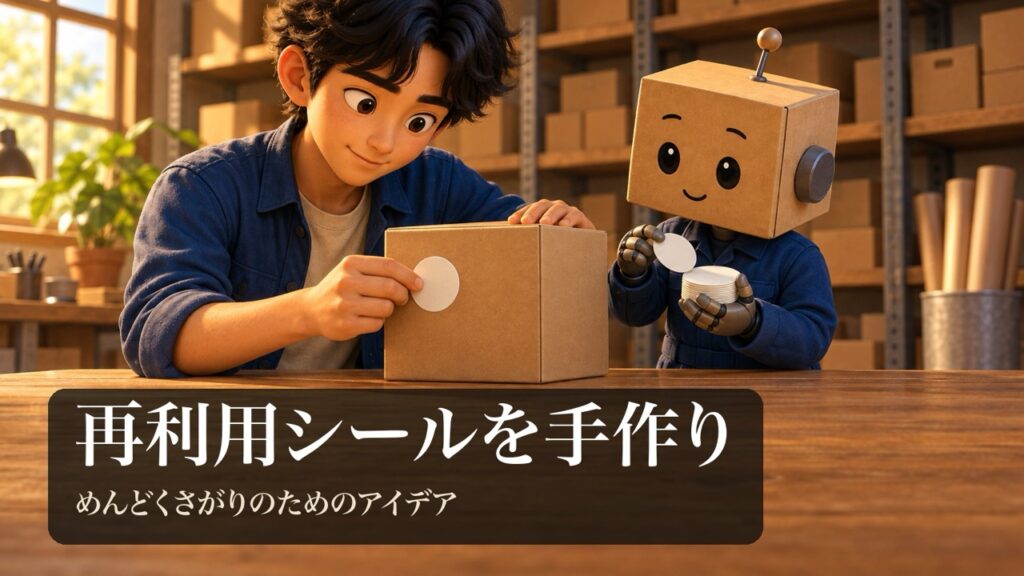 「再利用シールを手作り」の表紙。男性が手作りの丸いシールを段ボール箱に貼っている。段ボール頭のロボがシールの束を持っている。
