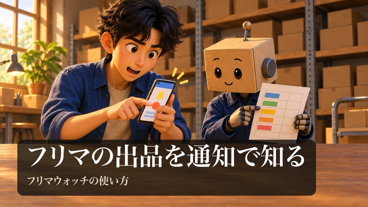 「フリマの出品を通知で知る」の表紙。男性がスマホのベルのマークの通知を見て、急いでボタンの図形を押している。段ボール頭のロボが一覧表を持っている。
