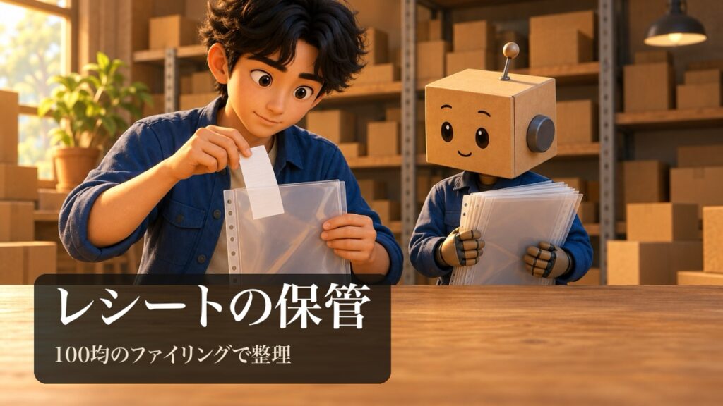 「レシートの保管」の表紙。男性がレシートを透明なファイルに1枚ずつ入れている。段ボール頭のロボがファイルの束を持っている。