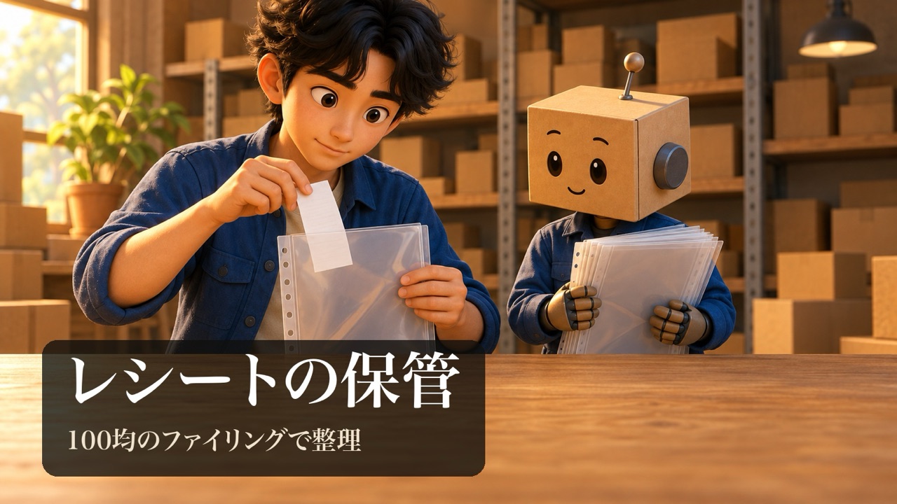 「レシートの保管」の表紙。男性がレシートを透明なファイルに1枚ずつ入れている。段ボール頭のロボがファイルの束を持っている。