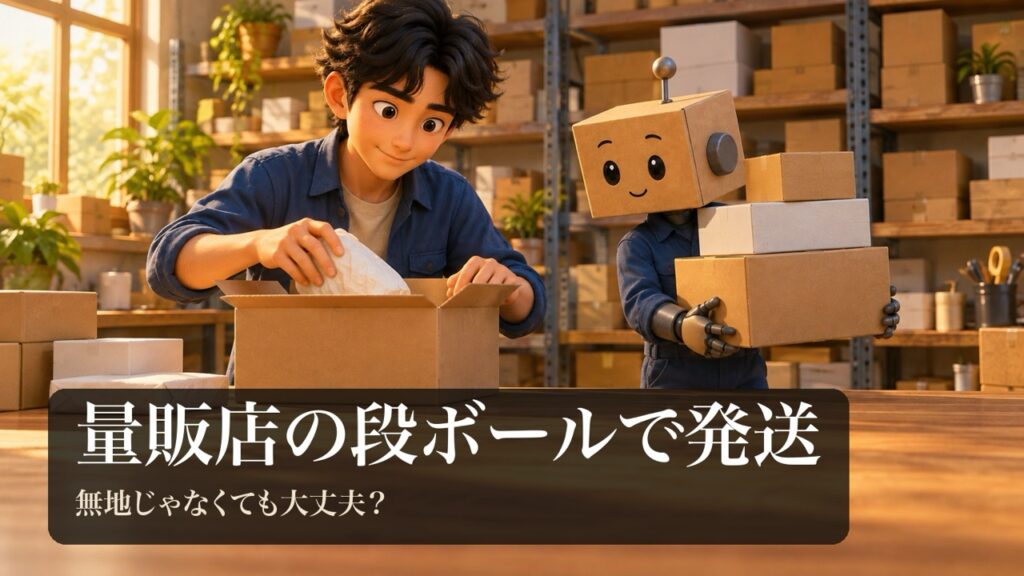「量販店の段ボールで発送」の表紙。男性が、色や柄の違う段ボール箱に商品を詰めている。段ボール頭のロボがいろいろな箱を運んでいる。