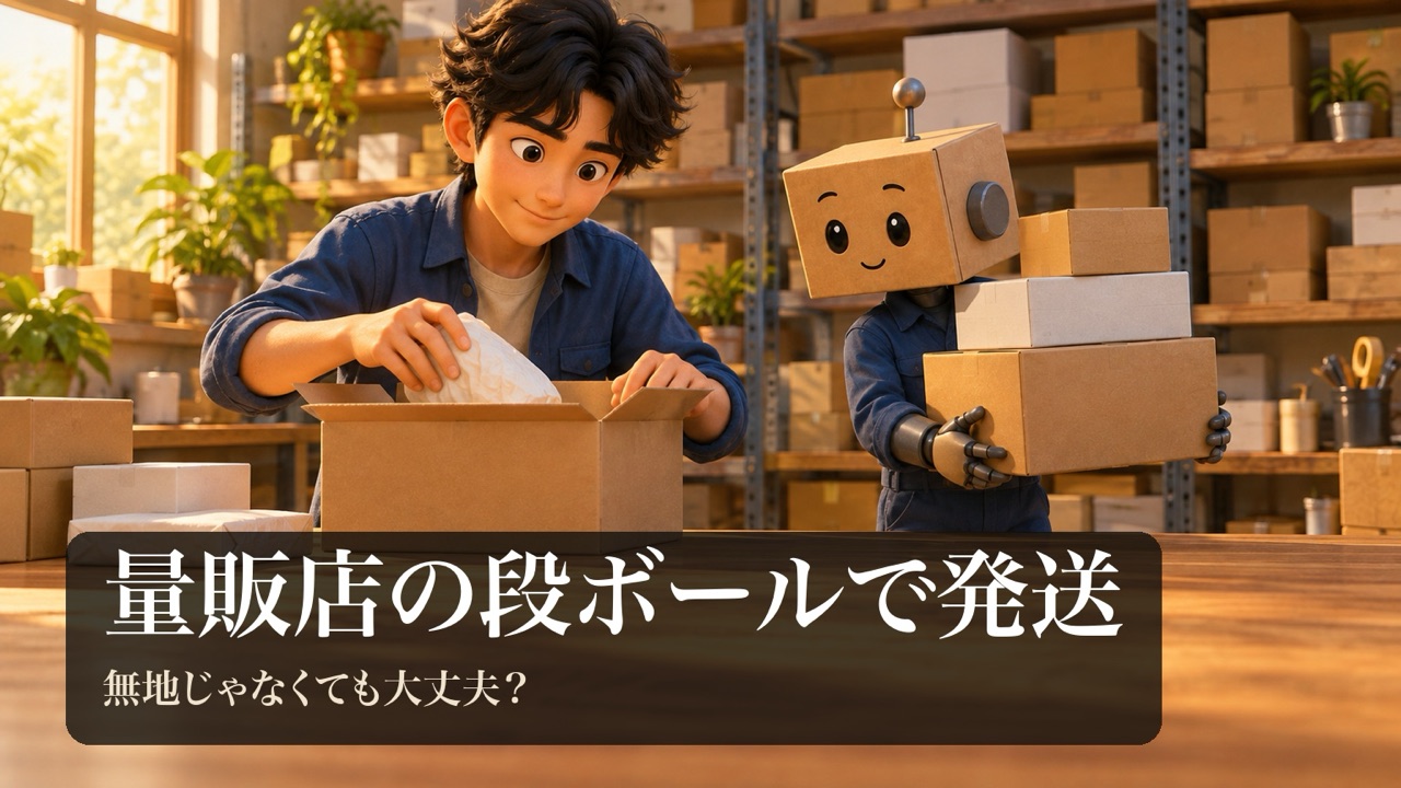 「量販店の段ボールで発送」の表紙。男性が、色や柄の違う段ボール箱に商品を詰めている。段ボール頭のロボがいろいろな箱を運んでいる。