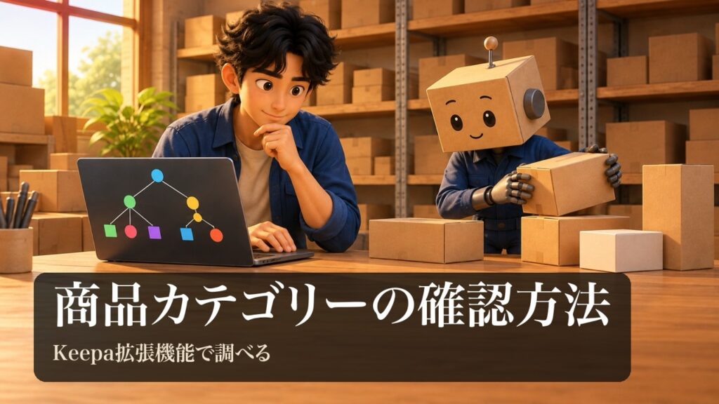 「商品カテゴリーの確認方法」の表紙。男性がノートパソコンで枝分かれした木の図を見ている。段ボール頭のロボがいろいろな形の無地の箱を分けて並べている。