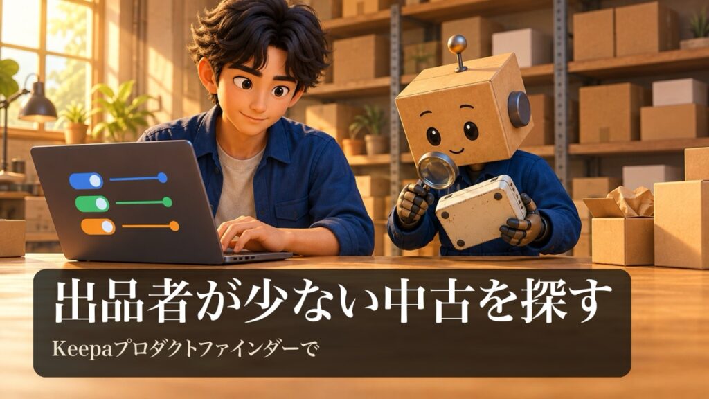 「出品者が少ない中古を探す」の表紙。男性がノートパソコンで条件のスイッチの図形を設定している。段ボール頭のロボが中古の商品を虫めがねでのぞいている。
