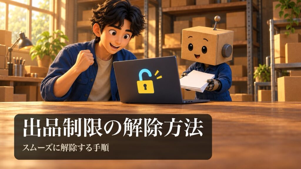 「出品制限の解除方法」の表紙。男性がノートパソコンの画面で南京錠の図形が開くのを見て喜んでいる。段ボール頭のロボが書類を差し出している。