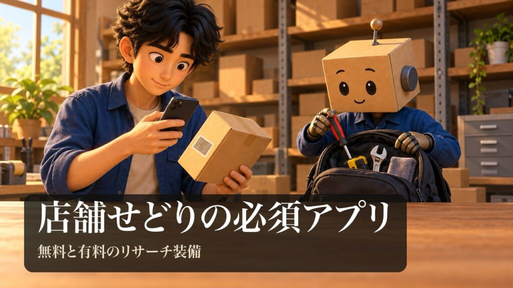 「店舗せどりの必須アプリ」の表紙。お店の棚の前で、男性がスマホで商品のバーコードの部分を読み取っている。段ボール頭のロボがリュックに道具をつめている。