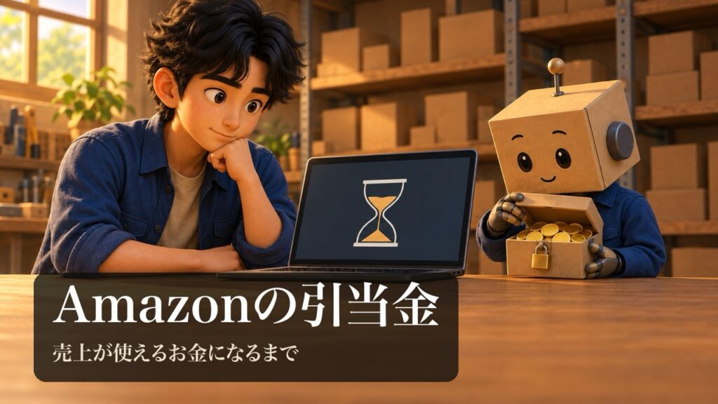 「Amazonの引当金」の表紙。男性がノートパソコンの砂時計の図形を見て待っている。段ボール頭のロボがコインの入った鍵付きの小箱を持っている。