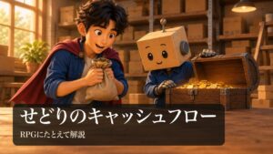 「せどりのキャッシュフロー」の表紙。倉庫の中で、男性が冒険ゲームの勇者のようにマントをつけ、コインの袋を持っている。段ボール頭のロボが無地の木の宝箱を開けている。