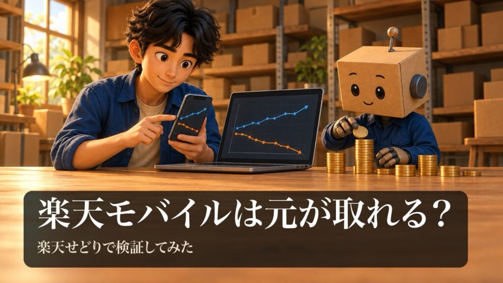 「楽天モバイルは元が取れる？」の表紙。男性がスマホを持ってグラフの図形の画面を見比べている。段ボール頭のロボがコインを積んでいる。
