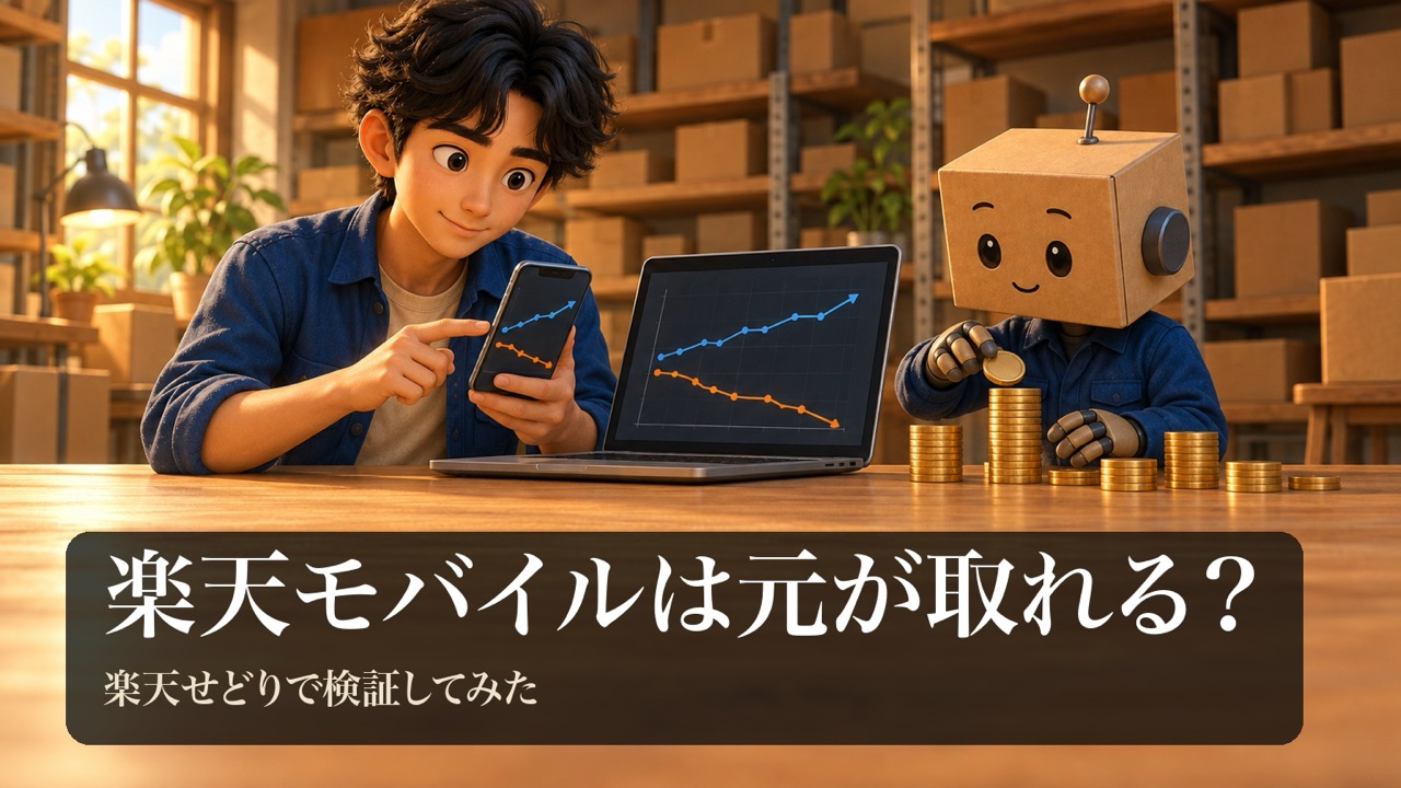 「楽天モバイルは元が取れる?」の表紙。男性がスマホを持ってグラフの図形の画面を見比べている。段ボール頭のロボがコインを積んでいる。