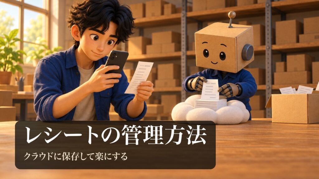 「レシートの管理方法」の表紙。男性がレシートをスマホで撮影している。段ボール頭のロボが雲の形のクッションの上にレシートの束を置いている。