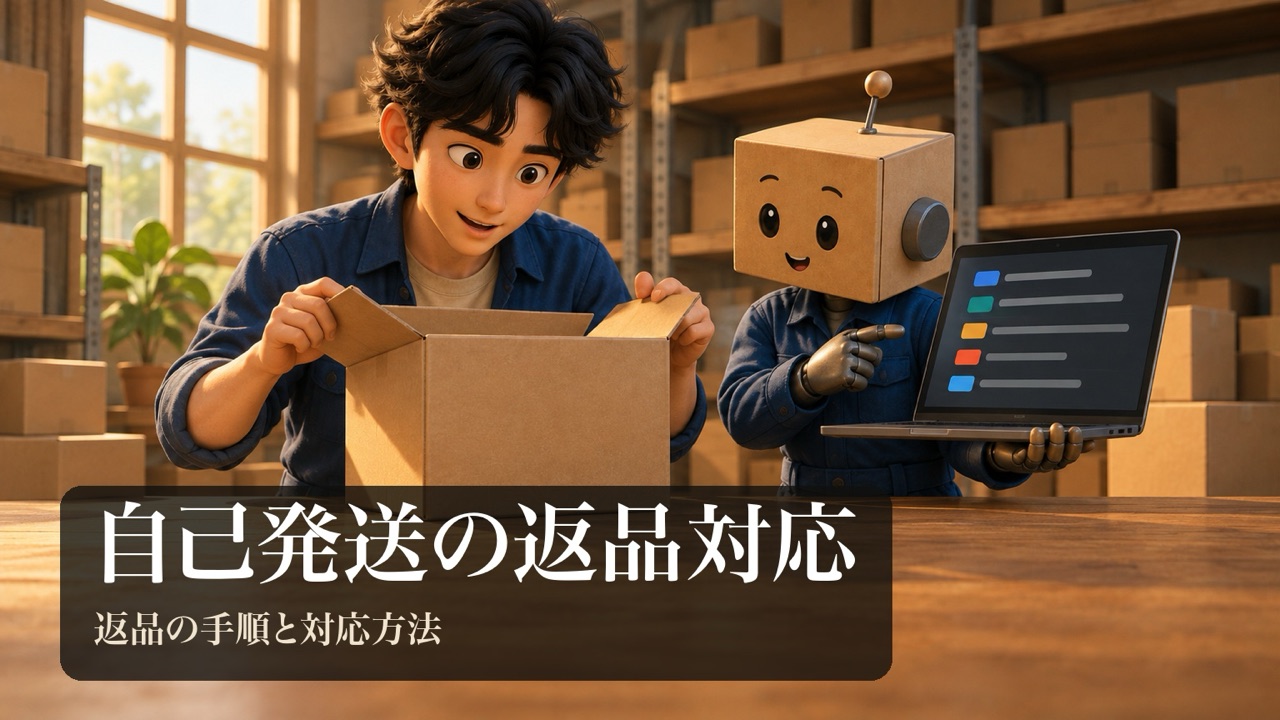 「自己発送の返品対応」の表紙。男性が返品された無地の箱を開けて中を確認している。段ボール頭のロボがノートパソコンの一覧を見せている。
