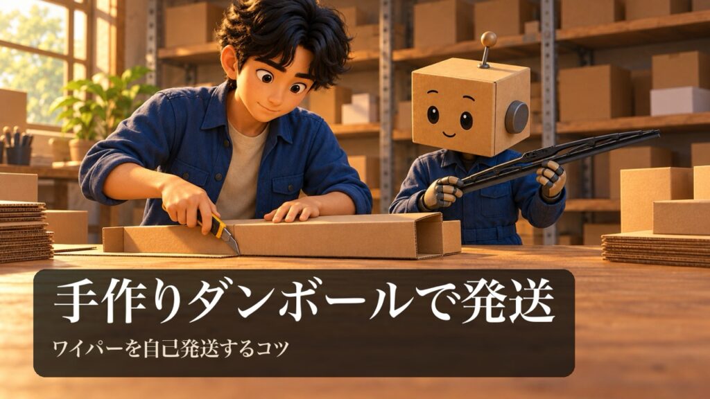 「手作りダンボールで発送」の表紙。男性がカッターと段ボール板で細長い箱を手作りしている。段ボール頭のロボが車のワイパーの部品を持っている。