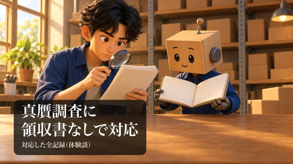 「真贋調査に領収書なしで対応」の表紙。男性が書類の束と虫めがねを持って真剣な顔をしている。段ボール頭のロボが記録のノートを差し出している。