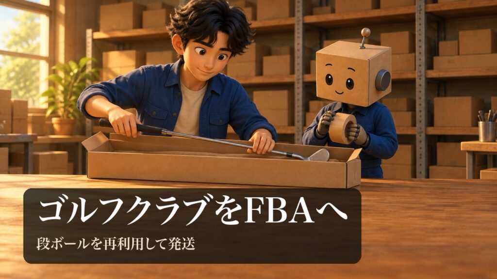 「ゴルフクラブをFBAへ」の表紙。男性が細長い無地の段ボールに、ゴルフクラブを入れている。段ボール頭のロボがテープを持っている。