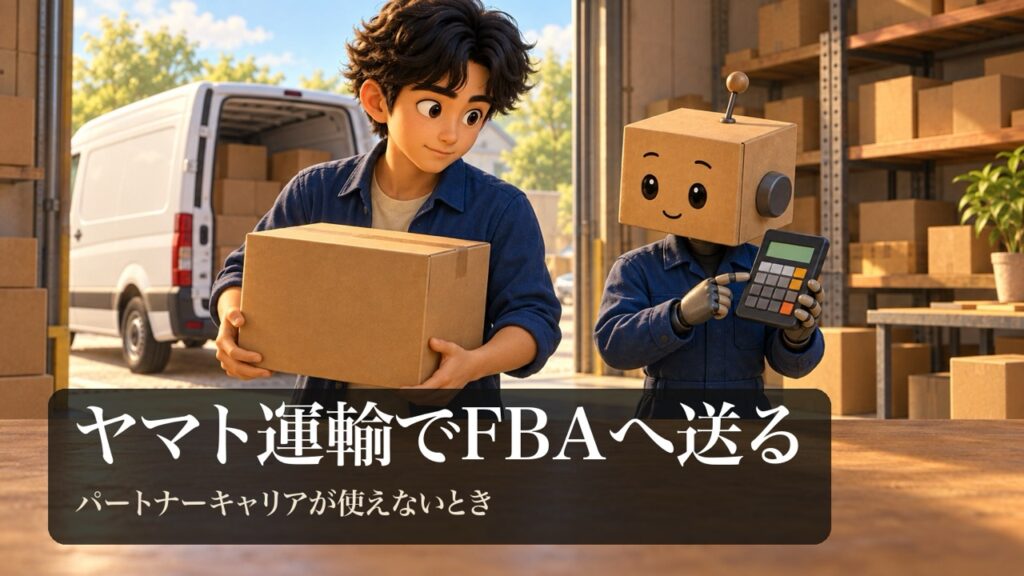 「ヤマト運輸でFBAへ送る」の表紙。倉庫の前に止めた無地の白い配送車の横で、男性が段ボール箱を運んでいる。段ボール頭のロボが電卓を持っている。