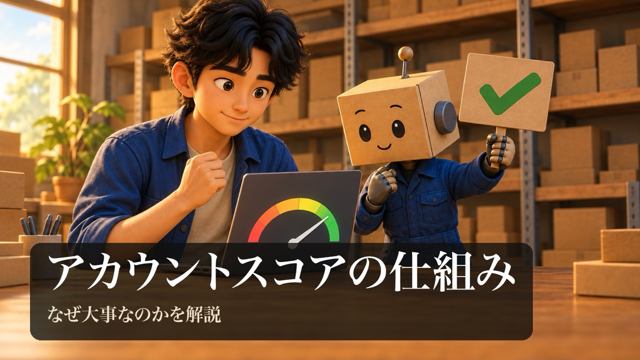 「アカウントスコアの仕組み」の表紙。男性がノートパソコンの針のメーターの図形を見てほっとしている。段ボール頭のロボが緑のチェックの札を持っている。