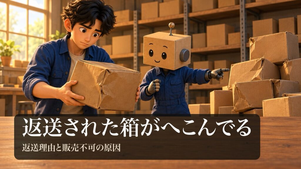 「返送された箱がへこんでる」の表紙。男性がへこんだ無地の段ボール箱を持ち上げて困った顔をしている。段ボール頭のロボが返送された箱の山を指さしている。
