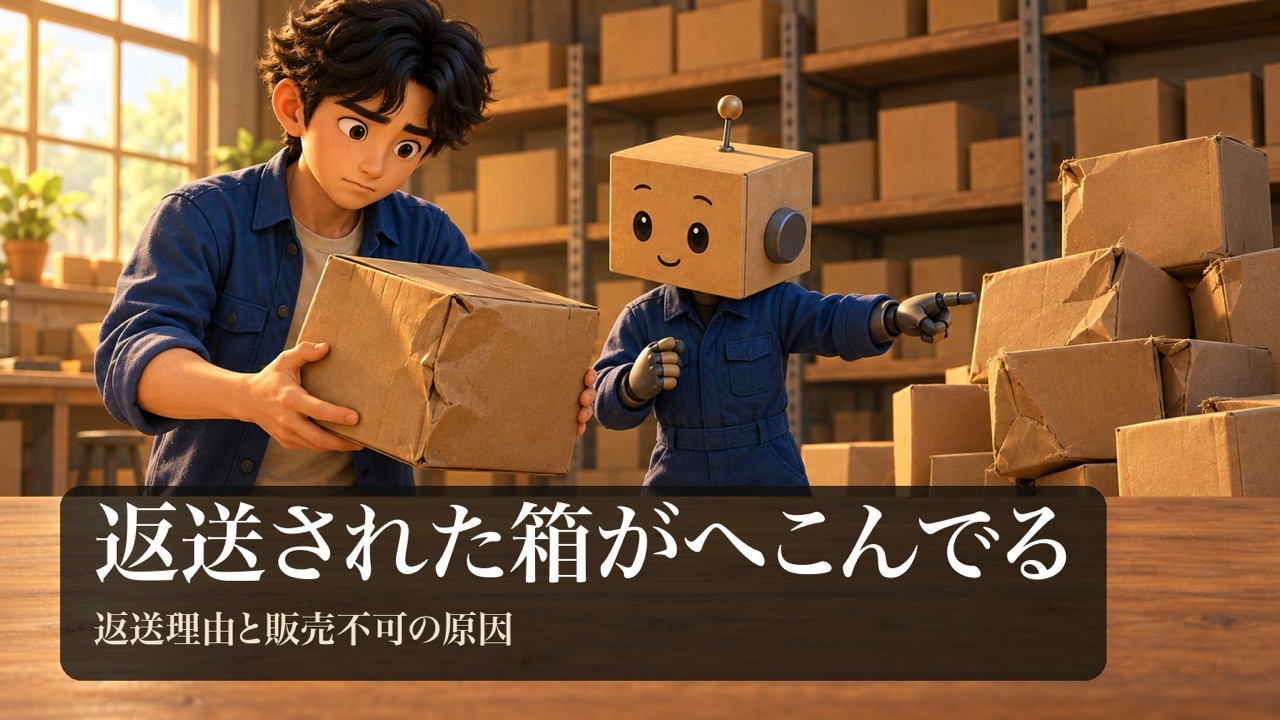 「返送された箱がへこんでる」の表紙。男性がへこんだ無地の段ボール箱を持ち上げて困った顔をしている。段ボール頭のロボが返送された箱の山を指さしている。